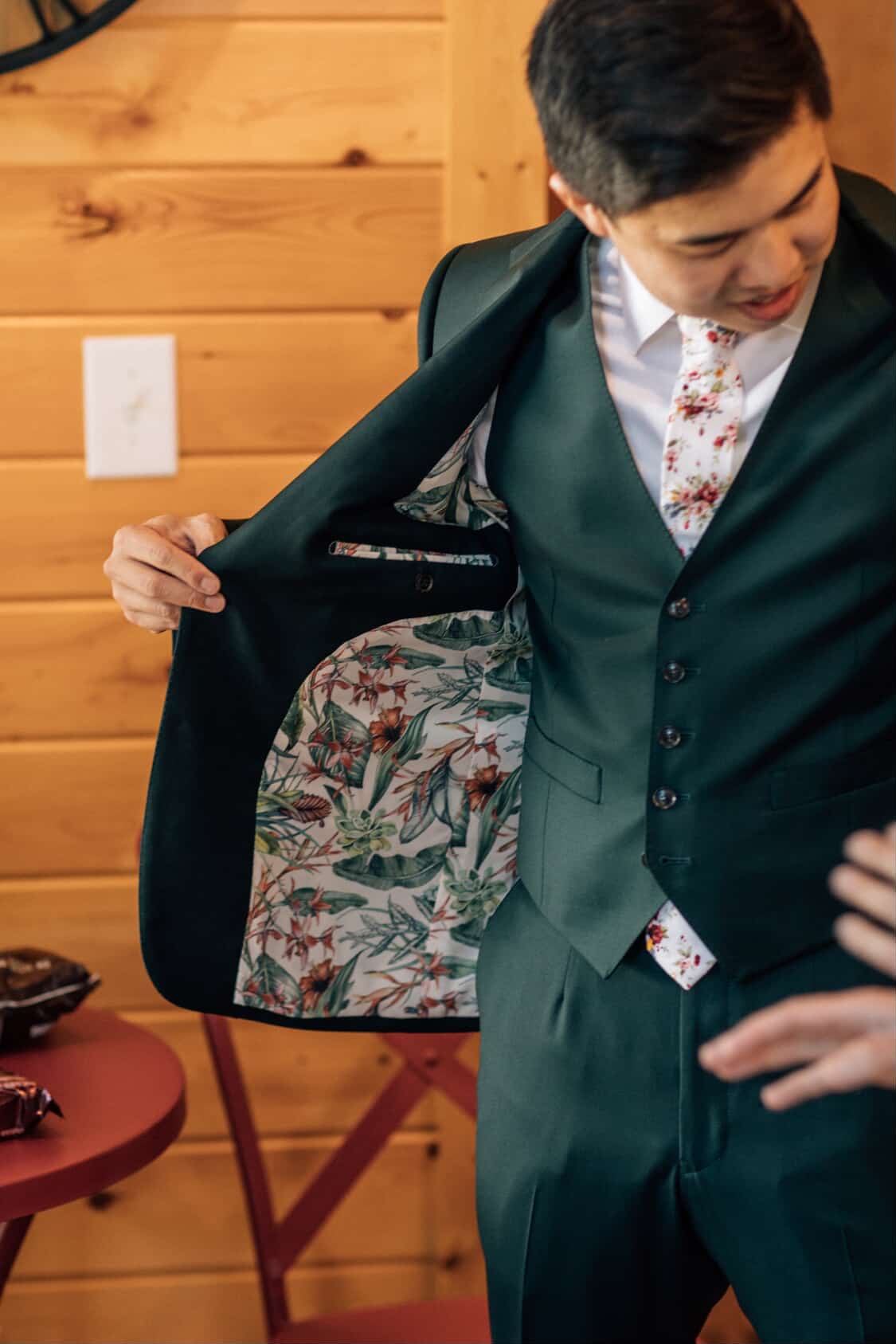 Up-close image of green suit.